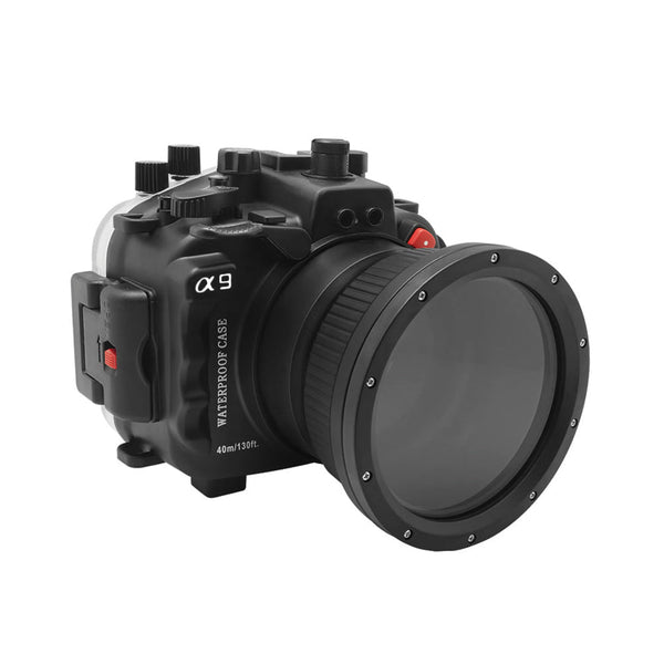 Sony A9 PRO V.3 Serie 40M/130FT UW-Kameragehäuse mit 6" flachem langen Port aus optischem Glas für Sony FE24-105 F4 (und Standardport). Schwarz