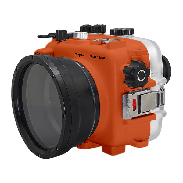 Wasserdichtes UW-Gehäuse von Salted Line für die Sony A6xxx-Serie mit Aluminium-Pistolengriff und 6-Zoll-Trockenkuppelanschluss – Surf (Orange) / GEN 3