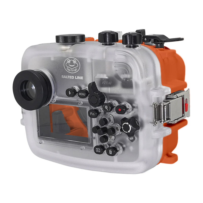 SeaFrogs UW-Gehäuse für die Salted Line der Sony A6xxx-Serie mit Pistolengriff und 6-Zoll-Dry-Dome-Anschluss (Orange) / GEN 3