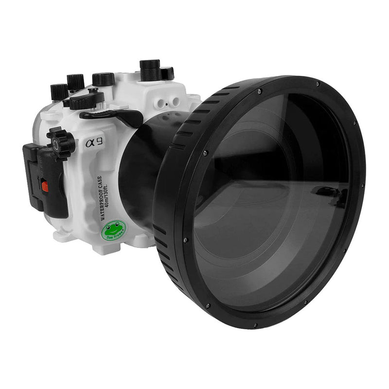 Sony A9 PRO V.3 Serie 40M/130FT UW-Kameragehäuse mit 6" flachem langen Anschluss aus optischem Glas für Sony FE24-105 F4 (ohne Standardanschluss). Weiß