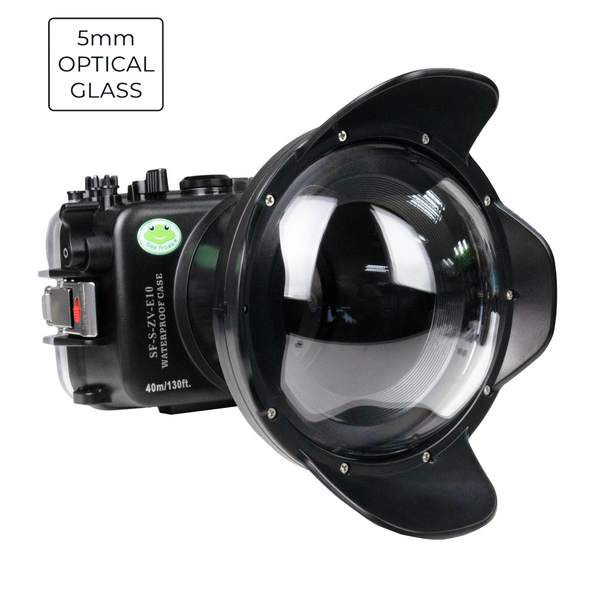 Sea Frogs Sony ZV-E10 40M/130FT Caixa de câmera à prova d'água com porta de cúpula de vidro de 6" V.7 para Sigma 18-50mm F2.8 DC DN (equipamento de zoom incluído)