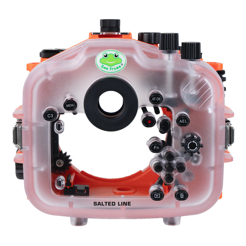 SeaFrogs Salted Line Series Sony A7III / A7RIII 40M/130FT Waterproof camera housing with 4" Flat Long port (focus gear included). Orange