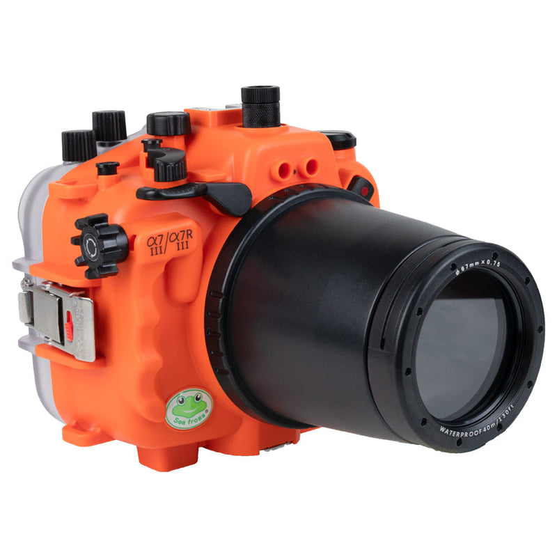 Sea Frogs Salted Line Series Sony A7III / A7RIII 40M/130FT Waterproof camera housing with 67mm threaded Flat long Port for Sony FE90 (focus gear included). Orange